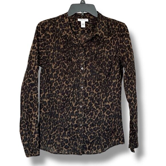 Calvin Klein Lightweight Animal Print Pleated Blouse Button Up Roll Tab Sleeve S - Picture 2 of 8